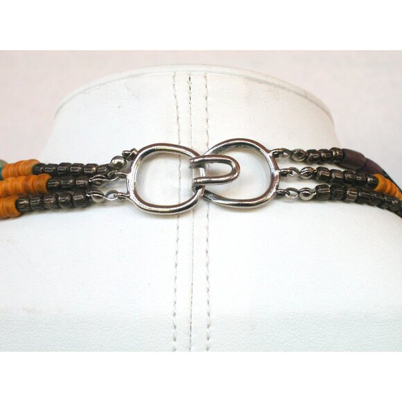 Multicolor Bohemian Style Wooden Beaded Necklace With Metal Accents - Picture 5 of 5